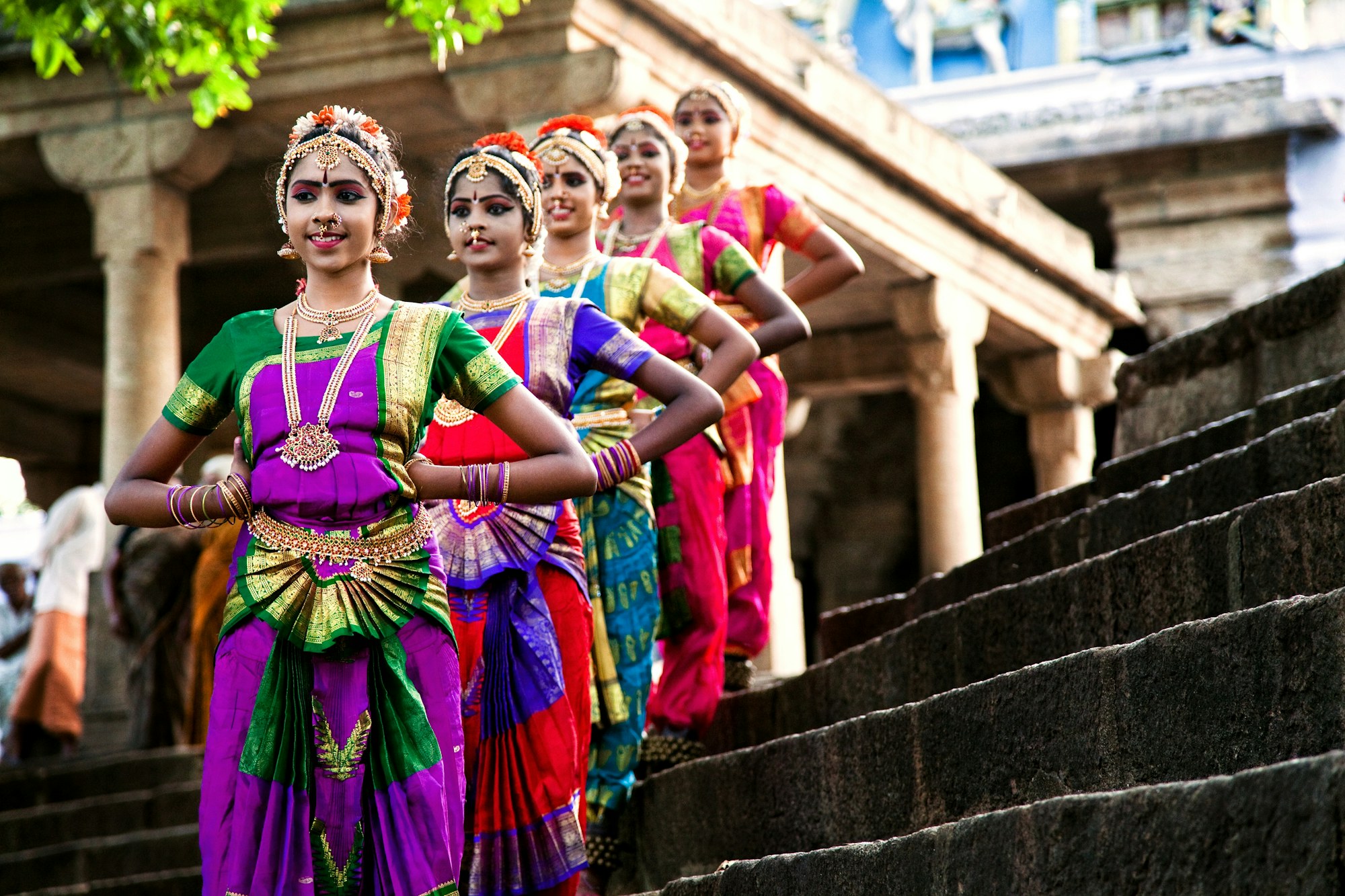 Indian classical dancers in colorful costumes